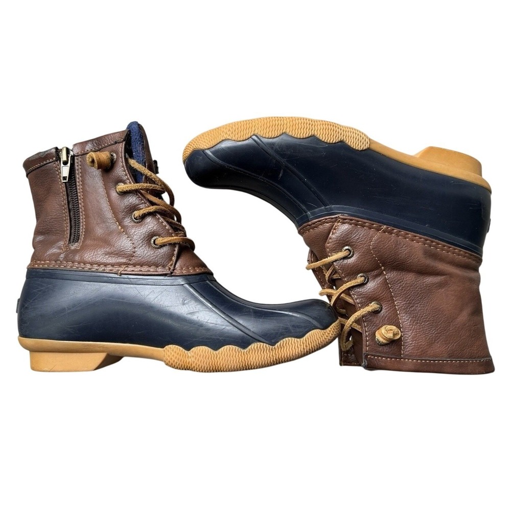 Sperry Saltwater Duck Boots Girls 4M Navy Brown Waterproof Rubber YG55203